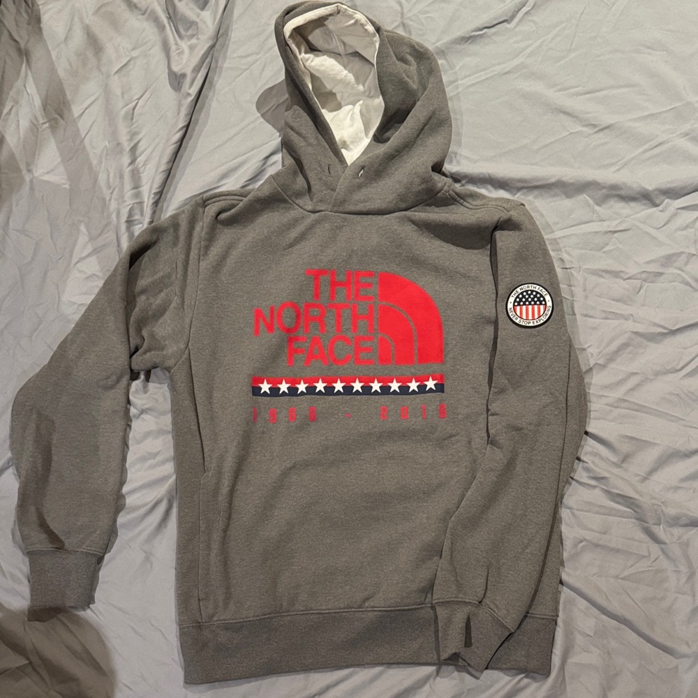 The North Face Charcoal Hoodie with Red Emblem
